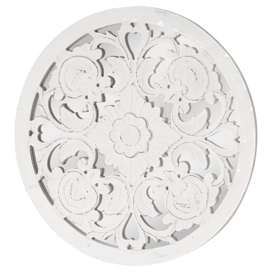 American Art D&#xE9;cor&#x2122; 24&#x22; Distressed Reflective Hand-Carved White Floral Wood Wall Medallion